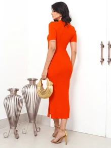 Vestido Midi Canalé Tricot Modal Entallado Con Abertura Frontal Y Abertura Lateral - Tejido De Punto Elegante - Zumo de naranja - Ver 2