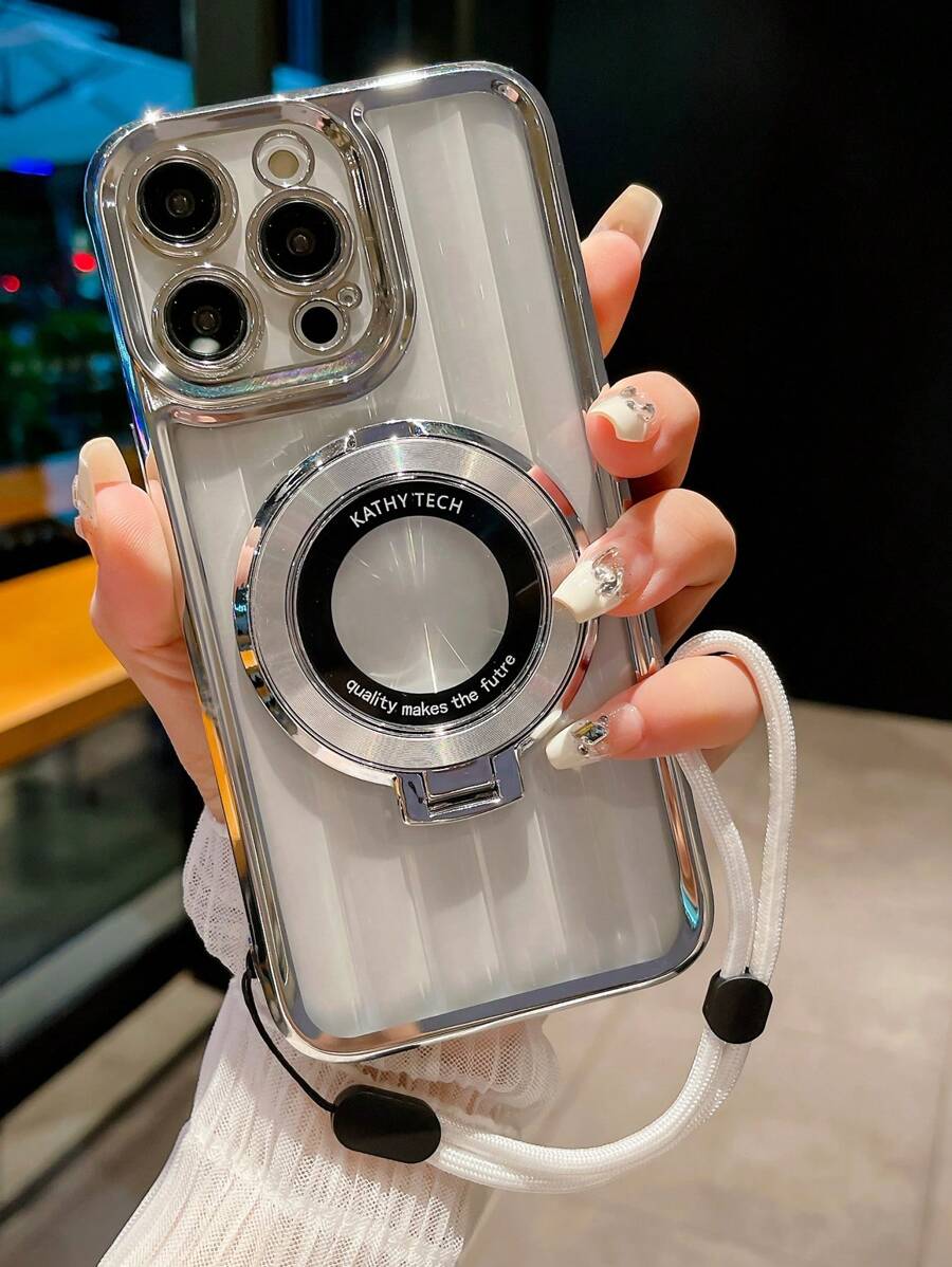 電鍍冰川圖案磁吸多功能旋轉支架+可調式防丟手帶,新款防摔手機保護殼 - 銀色 - 查看 1