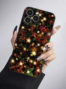 1pc Black Matte Texture Full Coverage Protection Dustproof Waterproof Tpu Christmas Theme Soft Shell With Shiny Star Pattern And Straight Border Suitable For Iphone7/8/11/12/13/14/15/x/xr/xs/plus/pro/pro Max/se2/mini Etc. - Multicolor - View 3
