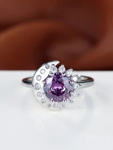 1pc Heartfelt Elegant Round Cubic Zirconia With Violet Star & Moon Design White Plated Engagement Ring For Wedding, Party Accessory - ring - View 12