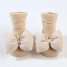 1 雙裝新生兒嬰兒襪子嬰兒襪子防滑蝴蝶結幼兒襪子 - 米色 - 查看 3