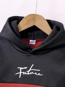 Young Boy Casual Letter Print Color Block Hoodie And Sweatpants Set, Autumn Winter