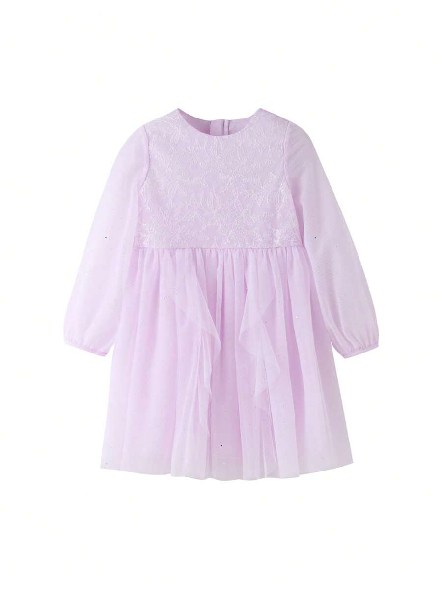 Annil Young Girl Dress Spring And Autumn Fashionable Round Neck Mesh  Skin-Friendly Dresses Purple