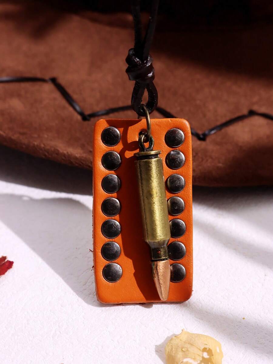 1 Miếng Cá nhân hóa Đạn Hình dạng Đinh tán Trang trí Phong cách Vintage Da Vòng cổ mặt dây chuyền - Màu Khaki - Xem 1