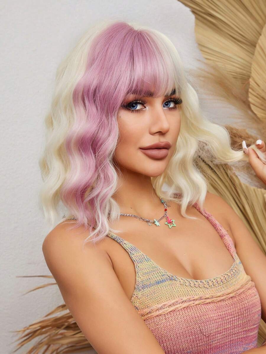 白色和粉色半拉麵短髮假髮與劉海,高溫纖維合成髮假髮動漫cosplay假髮聖誕派對14英寸