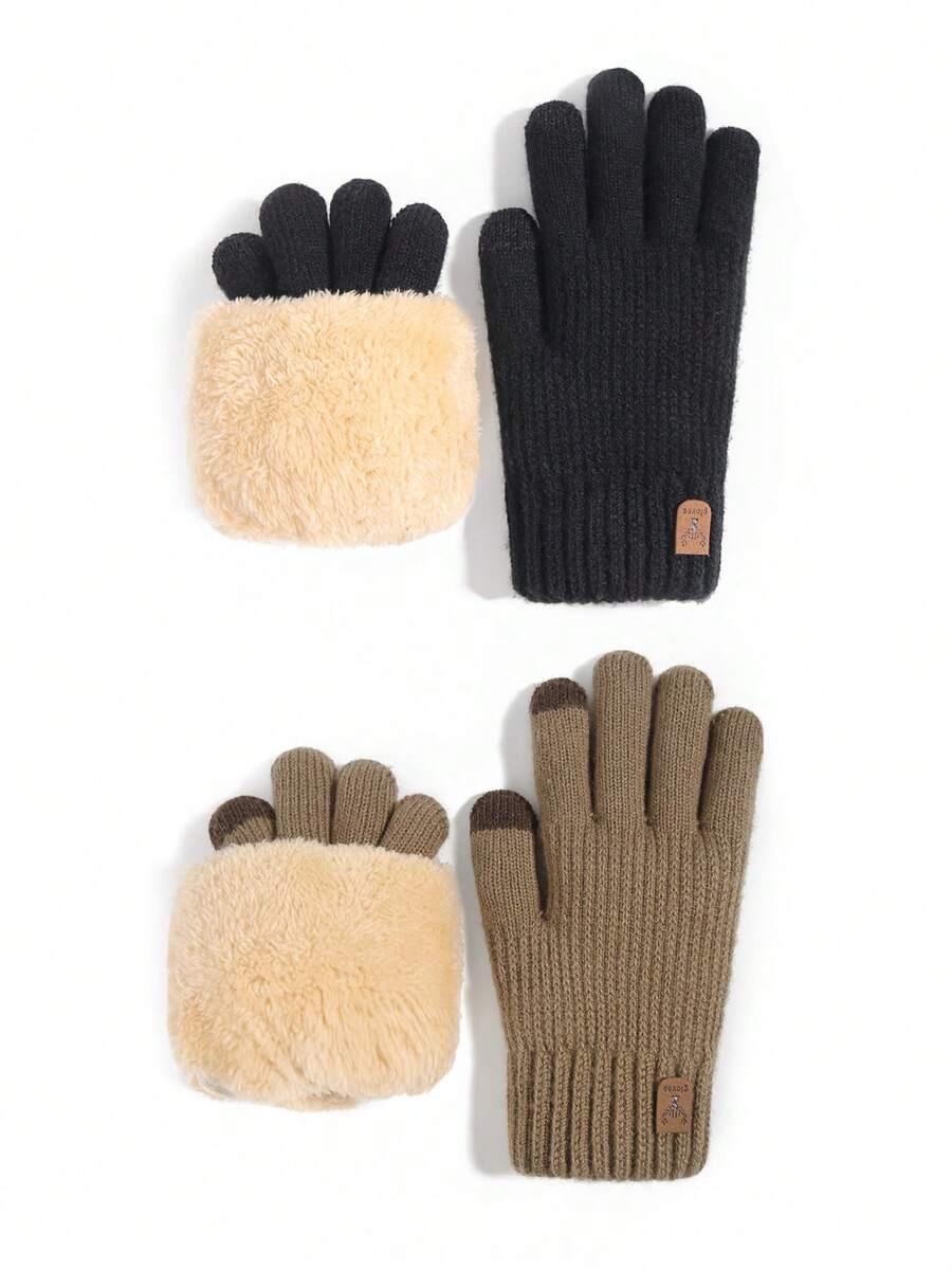 2 双女士冬季加厚保暖内衬触摸屏短信保暖手套黑色+咖啡色鹿绒面革标签针织时尚全指手套适合在寒冷天气下参加派对、驾驶、游戏、骑自行车、徒步旅行、写作