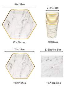 Hexagonal marble bronzing-edged tableware, 7inch Paper Plates, 9inch Paper Plates , Cups and Napkins, Party Decoration Supplies, Home Decor, Room Decor, Scene Decor, Birthday Decor - Multicolor - View 2