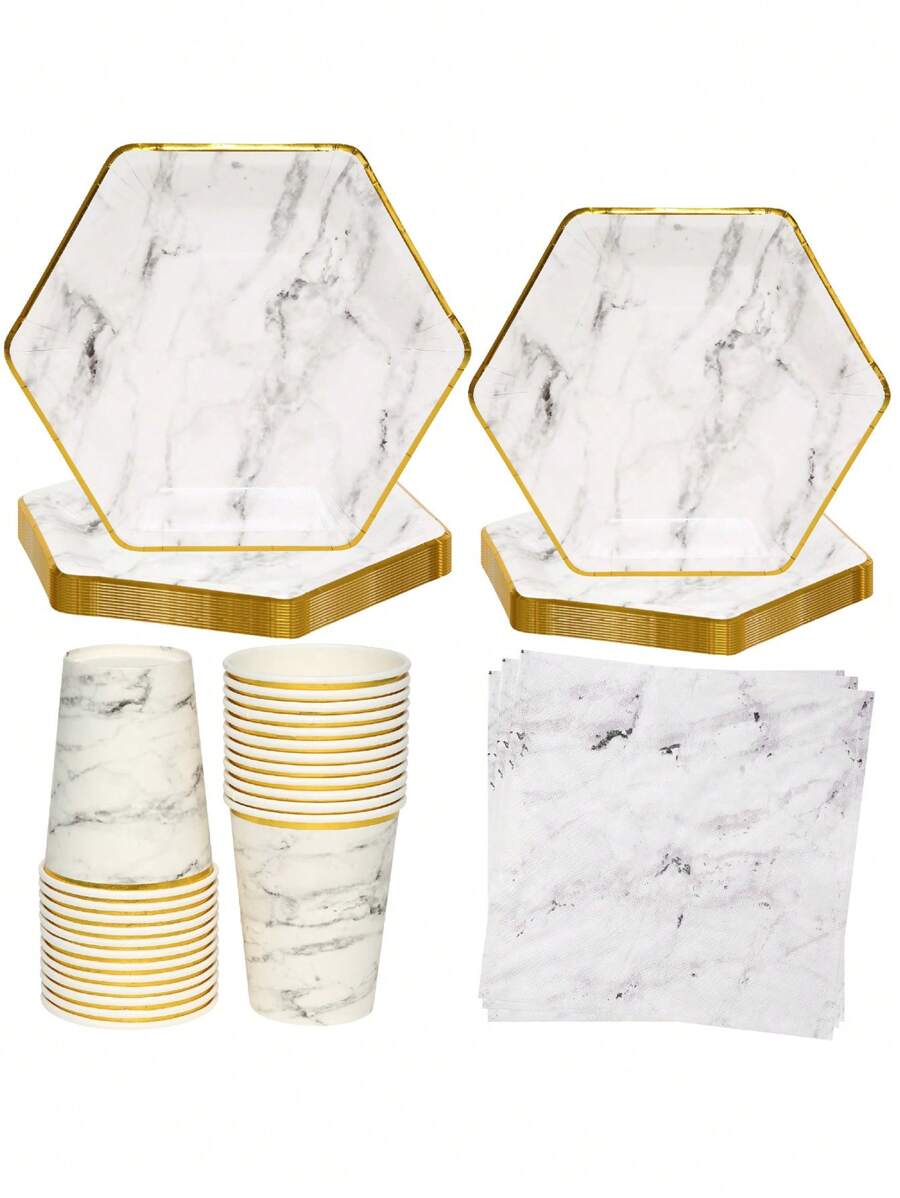 Hexagonal marble bronzing-edged tableware, 7inch Paper Plates, 9inch Paper Plates , Cups and Napkins, Party Decoration Supplies, Home Decor, Room Decor, Scene Decor, Birthday Decor - Multicolor - View 1