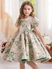 少女刺繡提花公主裙,蝴蝶結設計,適用於主持人、鋼琴表演、花童、婚禮、日常穿著,蓬松的裙子,別緻風格 - 綠色 - 查看 2