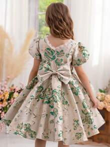 少女刺繡提花公主裙,蝴蝶結設計,適用於主持人、鋼琴表演、花童、婚禮、日常穿著,蓬松的裙子,別緻風格 - 綠色 - 查看 5