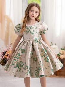 少女刺繡提花公主裙,蝴蝶結設計,適用於主持人、鋼琴表演、花童、婚禮、日常穿著,蓬松的裙子,別緻風格 - 綠色 - 查看 1