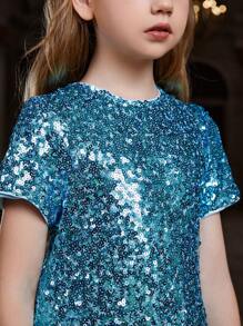 Tween Girl Sequin Short Sleeve Round Neck Dress - Blue - View 7