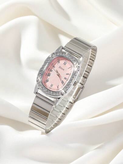 DISU Reloj de cuarzo con esfera ovalada, pulsera de acero inoxidable plateado, diseño clásico y elegante con aplicaciones de rhinestone, para uso diario, ideal como regalo para estudiantes en el regreso a clases