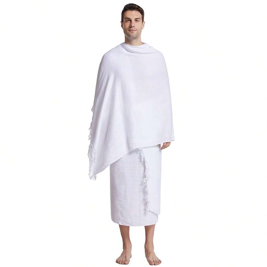 2pcs/set Tassel Design Ihram Clothing Set With Prayer Shawl For Hajj And Umrah - White - View 1