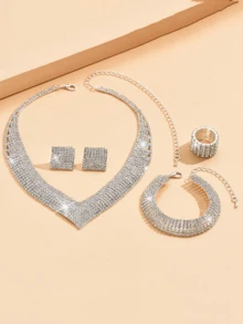 5pcs diamond-plated rhinester necklace bracelet set, elastic ring, suitable for wedding banquet important occasions with evening wear, fashion women's high sense of jewelry set - Silver - View 6