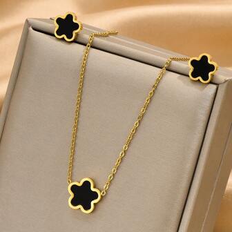 3pcs/Set Gold-Color Stainless Steel Plated Black Flower Necklace Earrings Combo, Fashionable, Vintage, Sweet, Cool Design, Suitable For Men, Women, Couples, Street Party, Daily Commute Valentines,Mom,Mother,Mother's Day,Gift