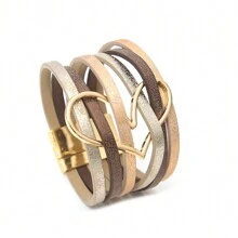 1 Piece Of Valentine's Day Popular Multi-Layer Leather Hollow Heart Wide Bracelet For Women's Luxurious And Fashionable Wristbands, Cuffs, Magnetic Buckle Jewelry - Multicolor - View 1