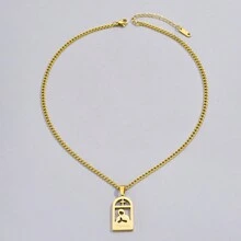 1pc Gold Stainless Steel Plated Rectangular Geometric Mary Pendant Necklace, Fashionable Personalized Design, Suitable For Men, Women, Couples, Street, Daily, Party Wear - Gold - View 3
