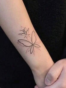 1 Pieza Tatuaje Temporal Lavable De Pvc Con Estilo Minimalista De Loto, Mariposas Y Diseños De Arte De Línea, Impermeable Y Resistente Al Sudor, Adecuado Para Uso Diario De Moda - Negro - Ver 1