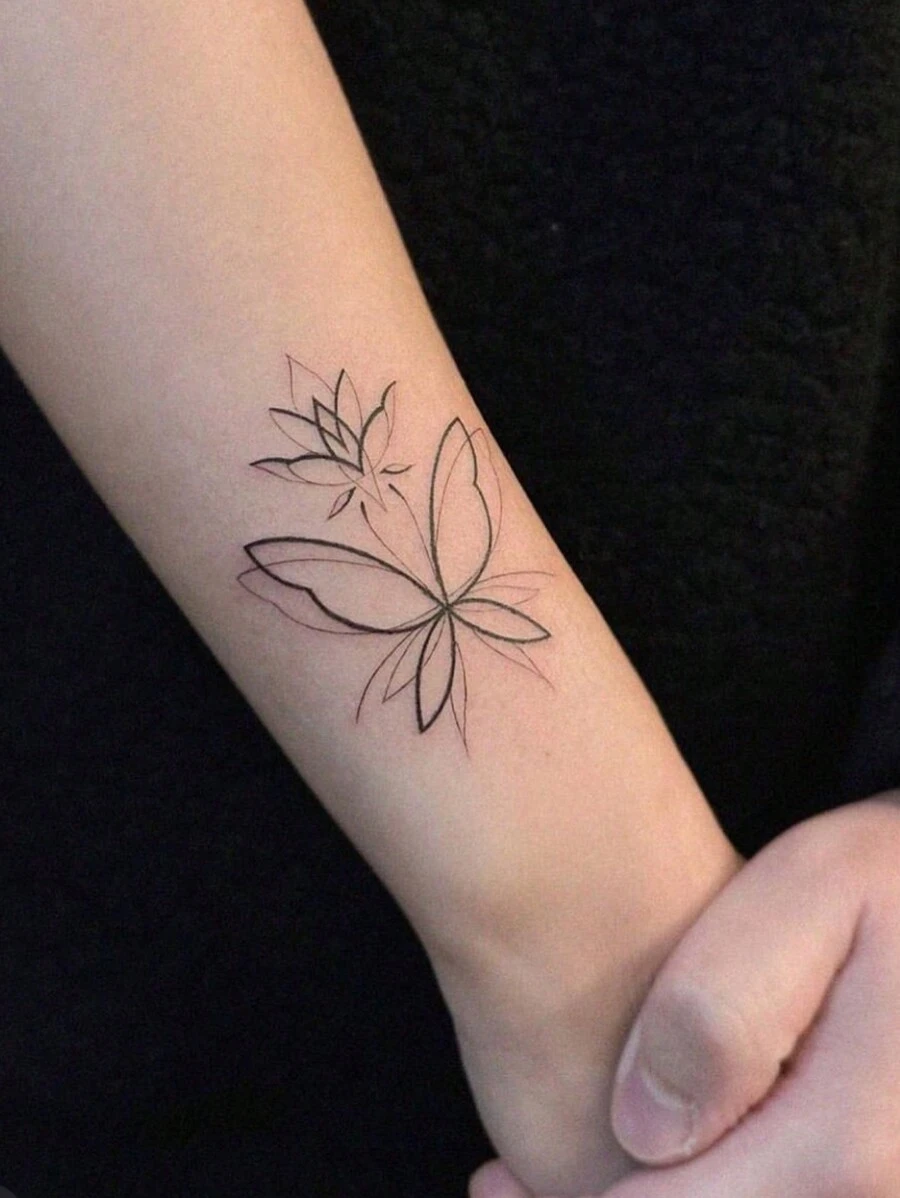 1 Pieza Tatuaje Temporal Lavable De Pvc Con Estilo Minimalista De Loto, Mariposas Y Diseños De Arte De Línea, Impermeable Y Resistente Al Sudor, Adecuado Para Uso Diario De Moda - Negro - Ver 1