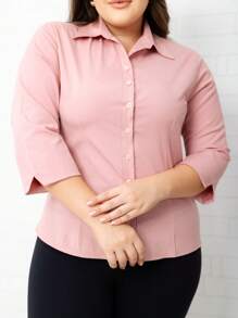 Camisa Meia Manga Lisa Básica Slim | Camisete | Moda Evangélica | Blusa Feminina | PLUS SIZE| SOCIAL - Rosa empoeirado - Visão 4
