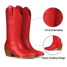 MUCCCUTE Women's Cowgirl Embroidered Western Cowboy Boots, Mid Calf Booties Pointed Toe Chunky Heel 5cm Pull On Fashion Design Western Boots For Ladies, Party And Outdoor - 紅色 - 查看 4