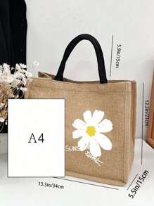 Daisy Floral Print Bag, Women's Stylish Canvas Tote With Zipper For ShoppingSchool Bag,Large Capacity,Portable, Suitable For Teen Girls Women College Students,White-Collar WorkersOffice,Middle School, High School,College,Vacation,Beach - Khaki - View 5