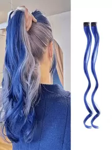 2pcs/set Colorful Party Highlights Synthetic Hair Extensions, Curly Wavy Clips-in Stripes Hairpieces For Girls - Blue - View 1