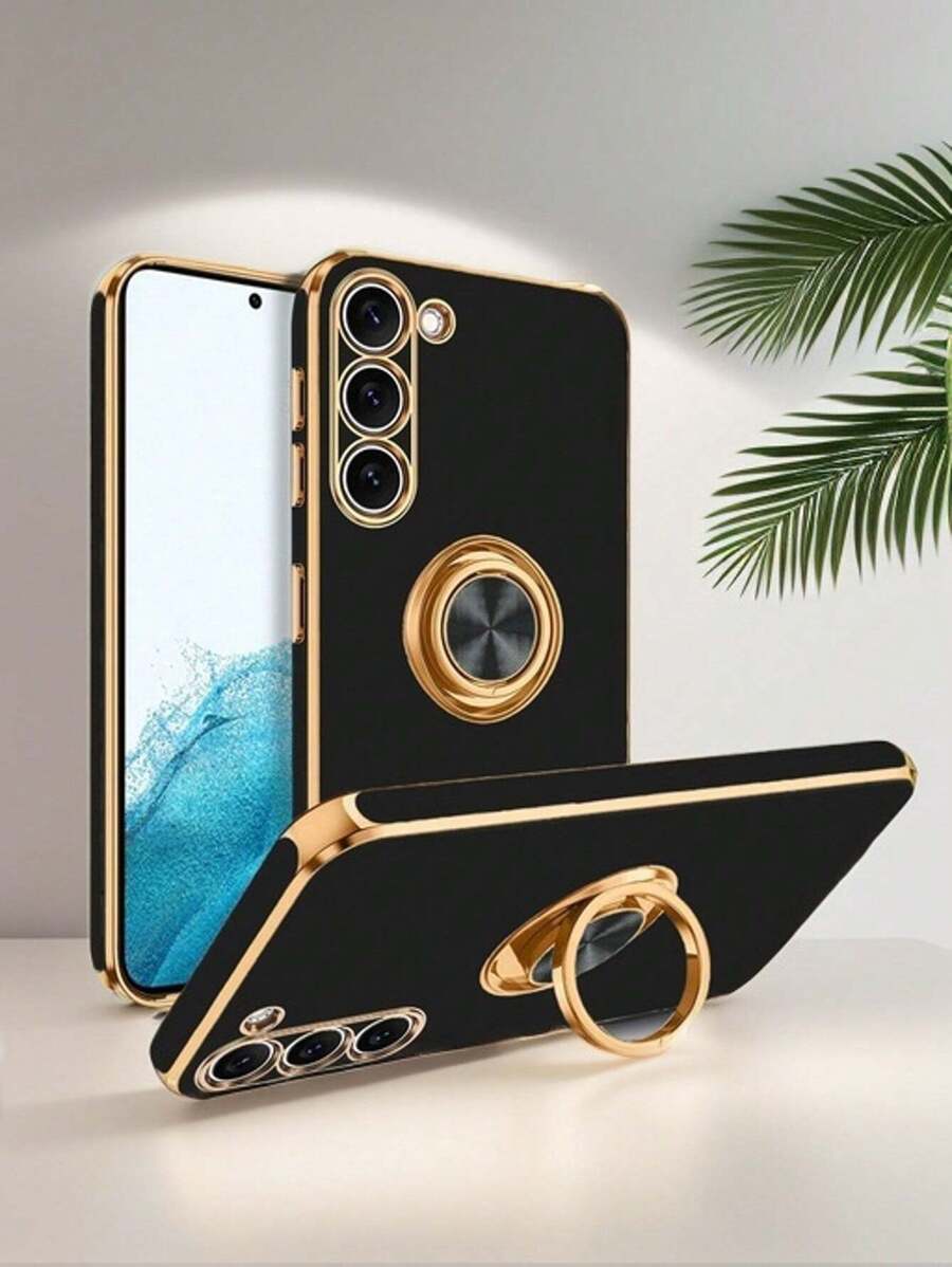 6D Electroplated Ring Holder Phone Case For SAMA15, S24 Ultra/S23 FE, A13, A54, A55, Moto G (2024), G Stylus 5G (2024), G Play (2024), Pixel 8, S24 FE, S25 Series Waterproof Shockproof Anti-Fall Scratch Resistant - Black - View 1