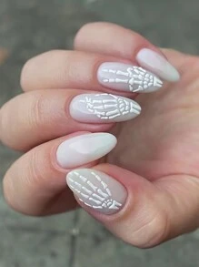 24 件杏仁形按压指甲白色手骨 3D 打印假指甲骨架假指甲适合女士和女孩 - 彩色 - 查看 1