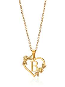 1pc Fashionable Stainless Steel Alphabet & Heart & Flower Design Necklace, Suitable For Women's Parties And Festivals, Jewelry Gift Valentines,Mom,Mother,Mother's Day,Gift