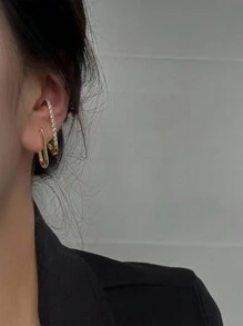 1pair Fashionable Double Row Vertical Bar & Geometric Shape Rhinestone Inlay Stud Earrings For Women - Yellow Gold - View 4