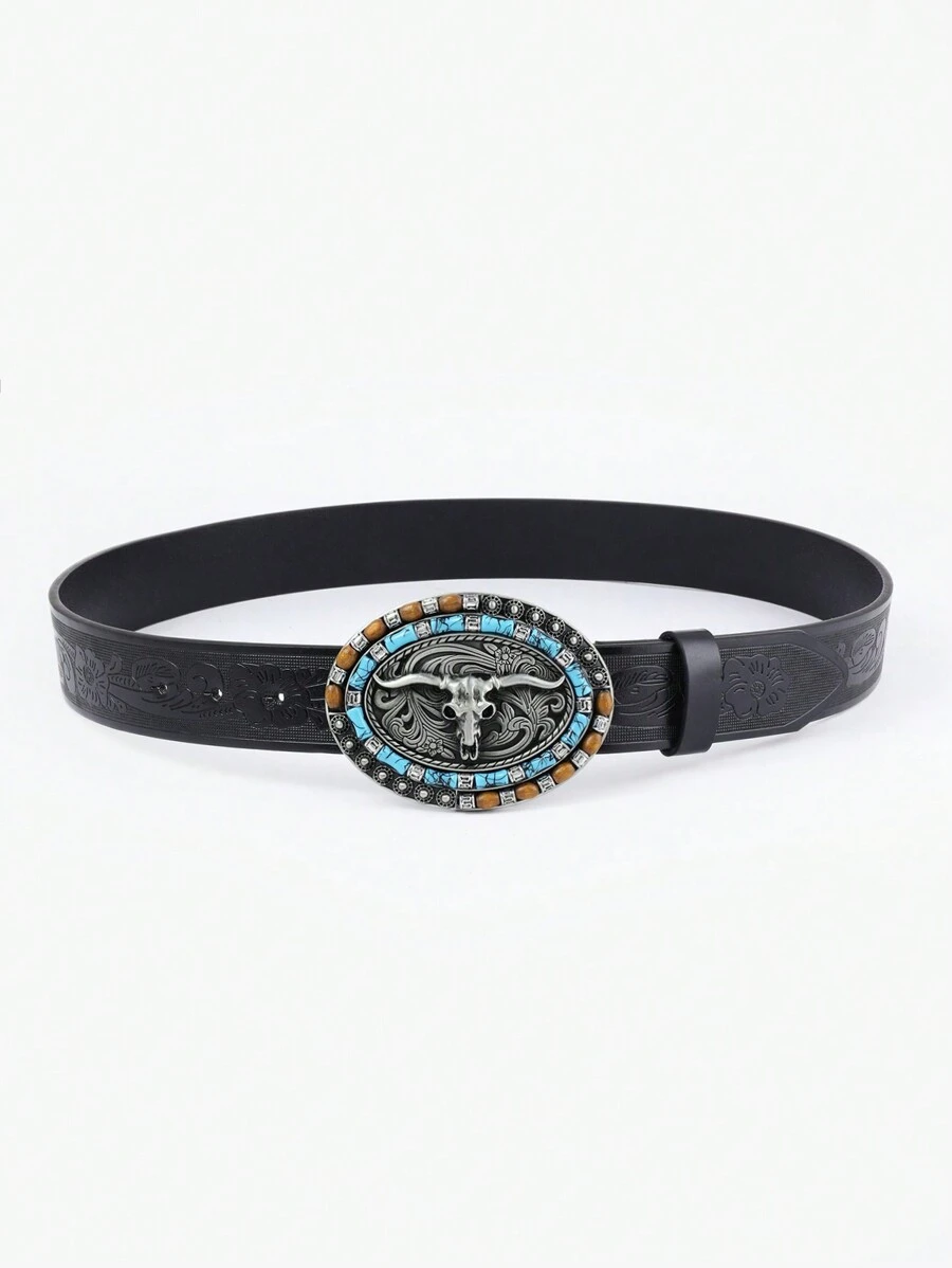 1條女式西部風格時尚休閒花卉牛仔腰帶,壓花橢圓形狀設計,鑲有鑽石裝飾,牛頭扣