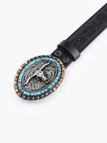 1條女式西部風格時尚休閒花卉牛仔腰帶,壓花橢圓形狀設計,鑲有鑽石裝飾,牛頭扣