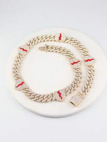 1入時尚全過程鑲嵌鉆石心形斷鏈頸鍊男女嘻哈飾品情人節禮物 - 金黃色 - 查看 6