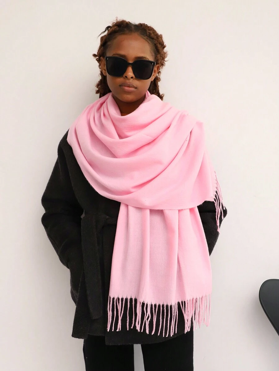 1條女士實色人造羊毛圍巾,冬季保暖披肩,適合日常穿著和辦公室使用 - 粉色 - 查看 1