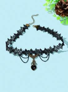 1 件哥德式黑色蕾絲鏤空花朵紋身頸鍊心形吊墜項鍊女式派對角色扮演珠寶