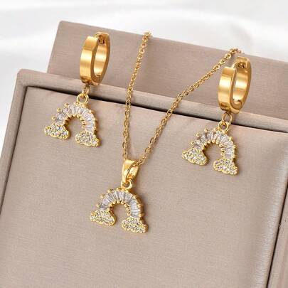 3件套金色不锈钢镶嵌立方氧化锆彩虹吊坠项链和耳环首饰套装，男女皆宜的日常复古奢华街头派对项链耳环配饰