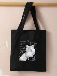 1pc Black Tote Bag With Cat Thinking Math Problem Print, Women's Canvas Shopping Bag For Outdoor UseLightweight,Portable, Suitable For Teen Girls Women College Students, Perfect For Back To School,College,Middle School, High School