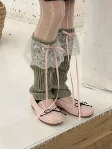 1對日式JK蘿莉塔女孩蝴蝶結飄帶毛織花邊腿套毛堆腿暖，日式Y2K腿套配飾