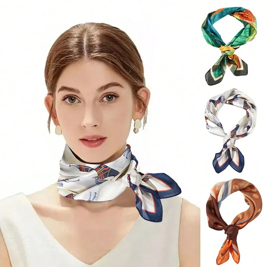 3pc Mascadas Para Mujer Pañuelo Seda Dama Moda Estampado,Bufanda Para La Cabeza Con Estampado De Anacardo De Seda Artificial Para Mujer, Uso Diario, Bufanda De Playa - Multicolor - Ver 1