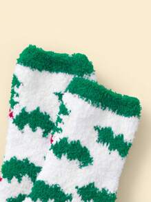 1雙女士中筒襪,白色和綠色珊瑚絨保暖舒適冬季襪子,適用於聖誕節
