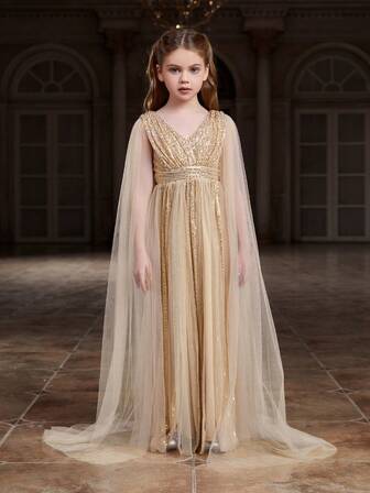 Tween Girl V-Neck Glitter Formal Dress With Extra Long Sleeves