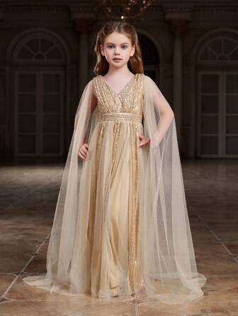 Tween女孩V領閃爍正式禮服，配有超長袖