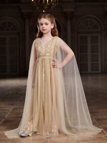 Glitzerndes formelles V-Ausschnitt Kleid für Tween Mädchen mit extra langen Ärmeln