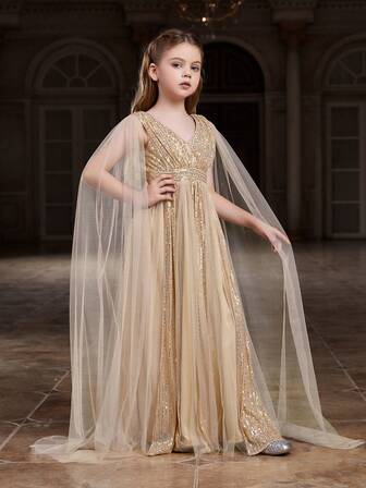 Tween Girl V-Neck Glitter Formal Dress With Extra Long Sleeves