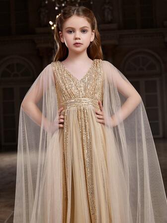 Tween Girl V-Neck Glitter Formal Dress With Extra Long Sleeves