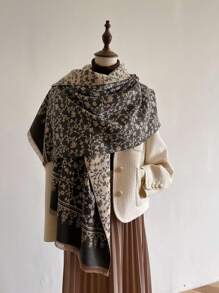 1 件女士優雅花朵提花人造羊絨圍巾、披肩,冬季日常穿著必備品