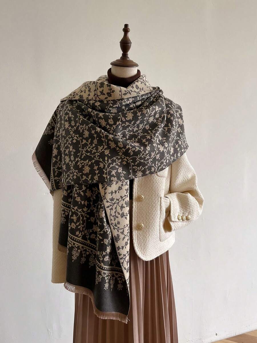 1 件女士優雅花朵提花人造羊絨圍巾、披肩,冬季日常穿著必備品