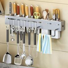 1pc Kitchen Knife Holder, No Drill Utensil Organizer, Multifunctional Wall Mounted Hook Rack For Kitchen Tool Storage - Silver - View 1